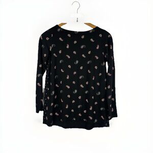 J Jill Black Red Paisley Print Top Blouse Sz PM Long Sleeve Boatneck Boho